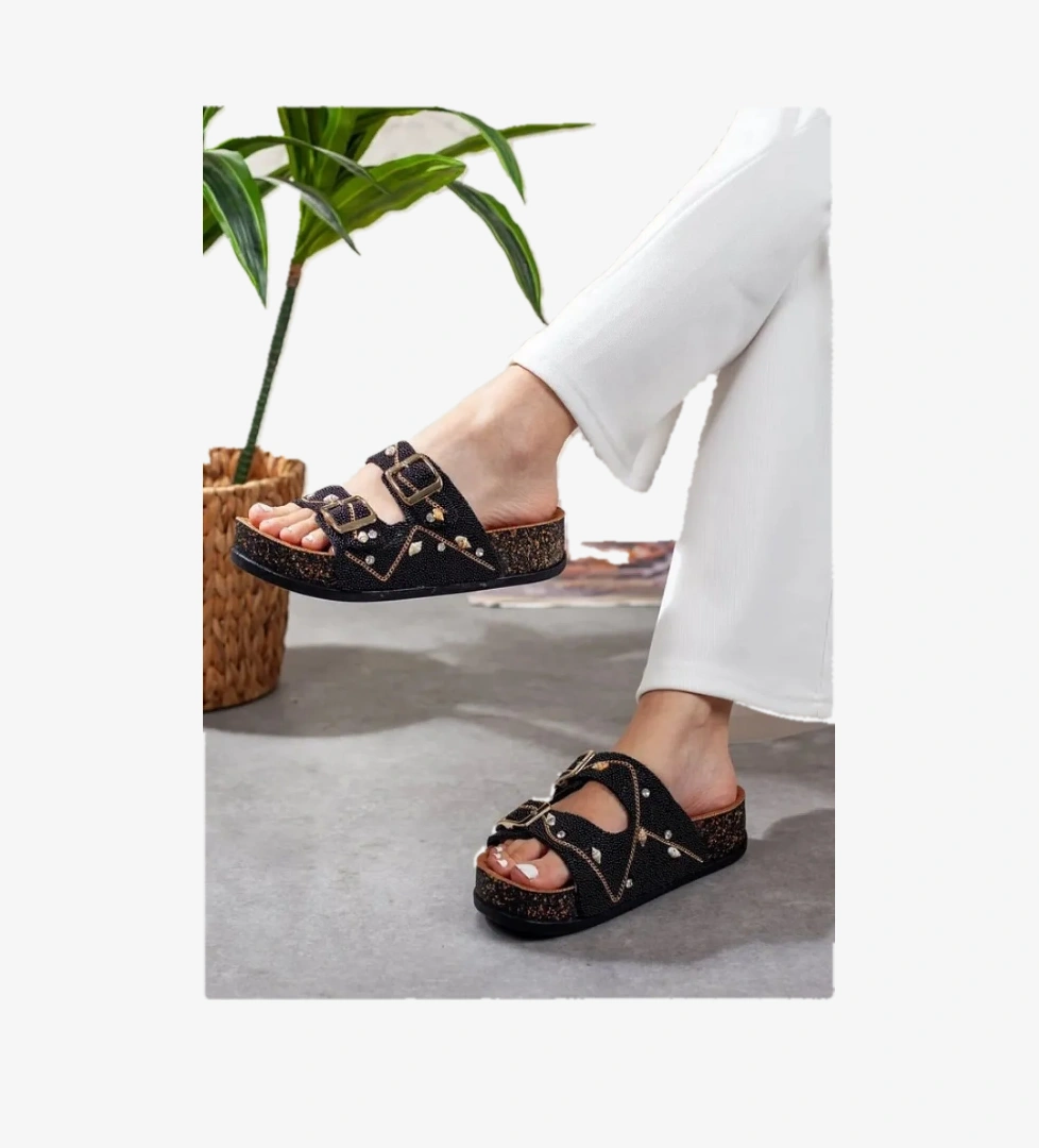 Çift Toka Mantar Taban Taş Detaylı Kadın Terlik - Görsel 1