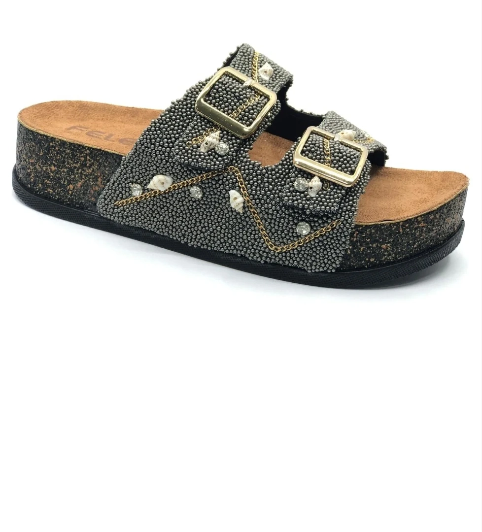 Çift Toka Mantar Taban Taş Detaylı Kadın Terlik