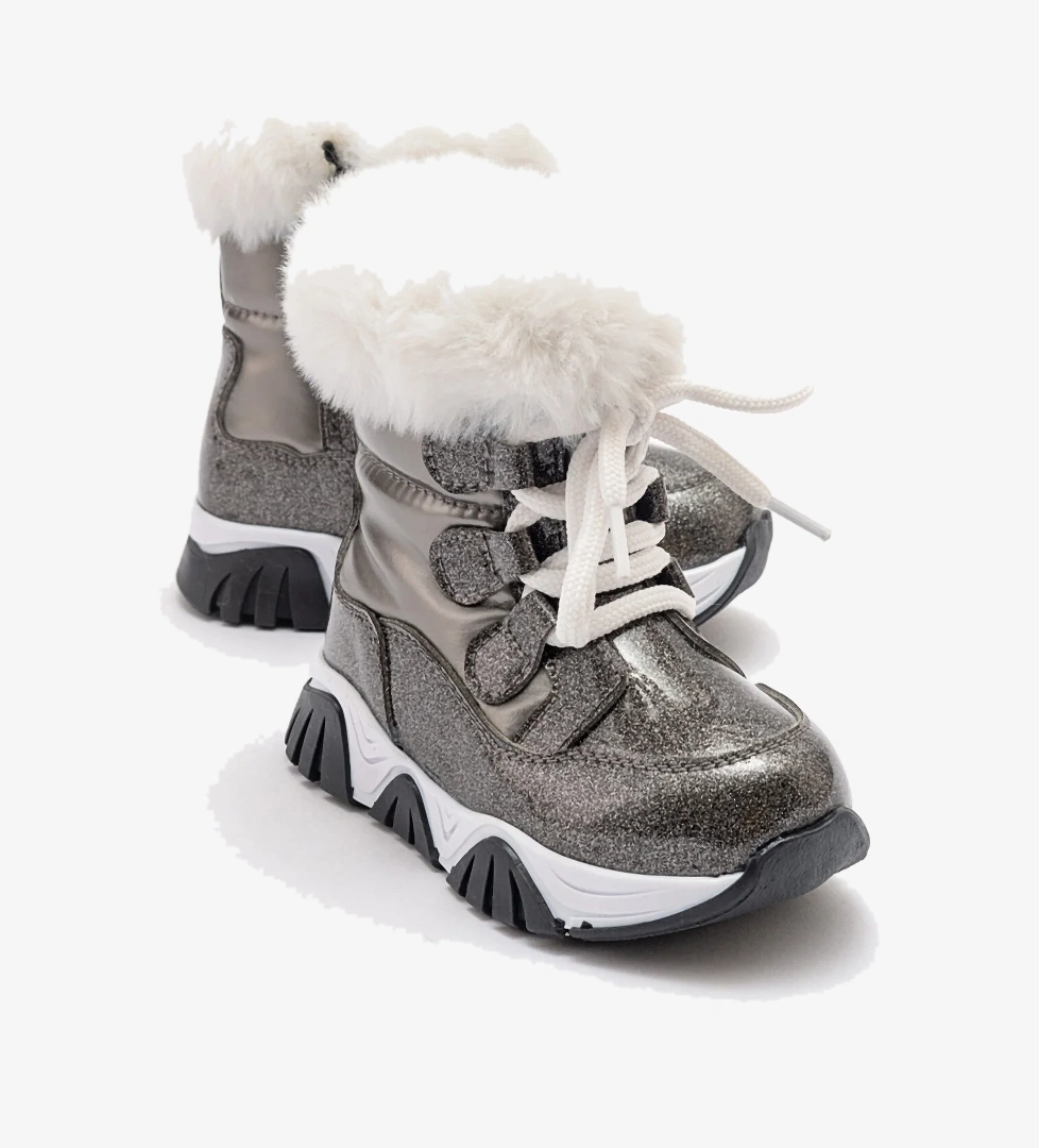 Kız Çocuk Platin Simli Rugan Deri Suya Dayanıklı Kürklü Günlük Bot - Görsel 1