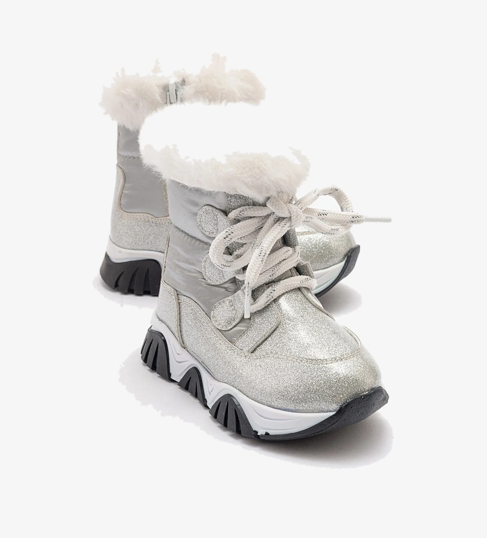 Kız Çocuk Gümüş Simli Rugan Deri Suya Dayanıklı Kürklü Günlük Bot