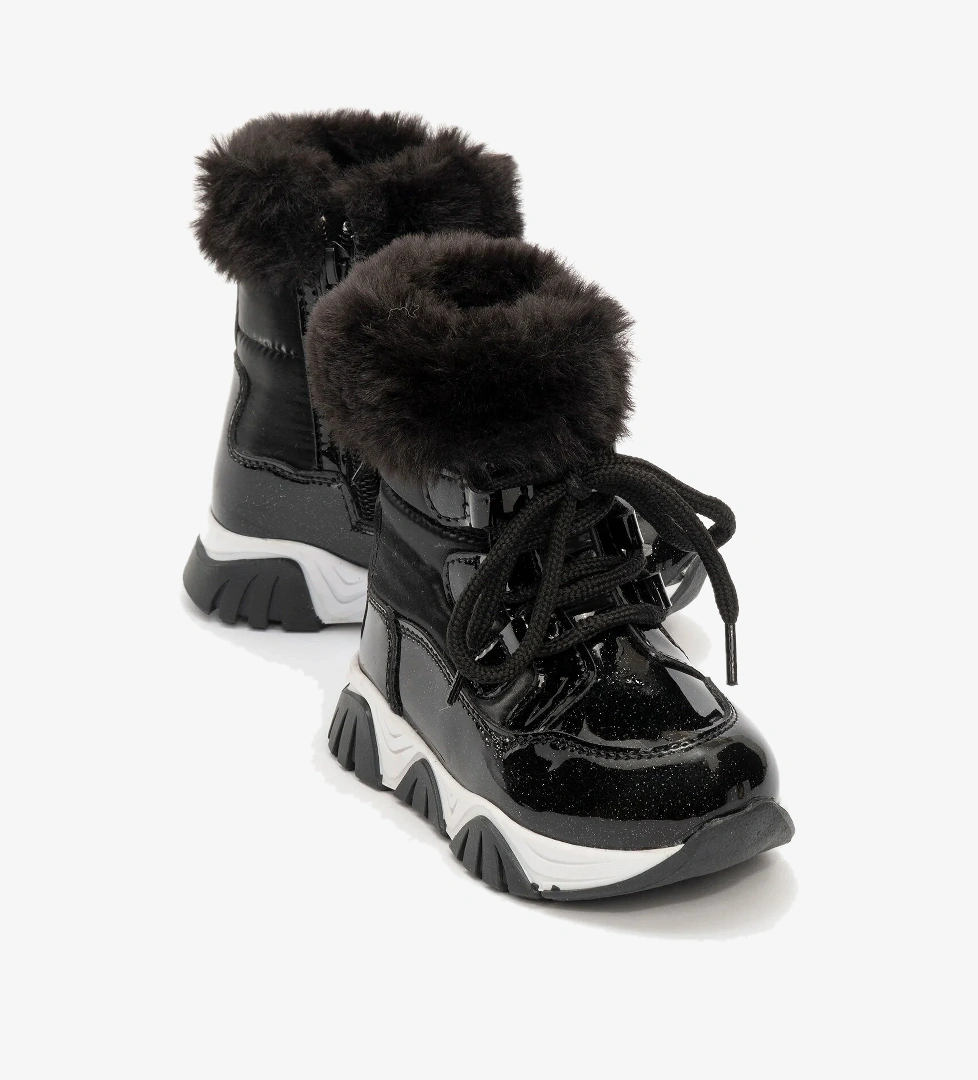 Kız Çocuk Siyah Simli Rugan Deri Suya Dayanıklı Kürklü Günlük Bot