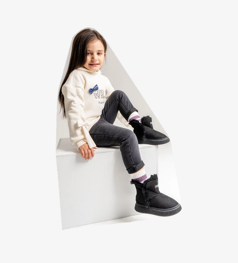 Kız Çocuk Siyah Hakiki Deri Suya Dayanıklı Kürklü Günlük Bot