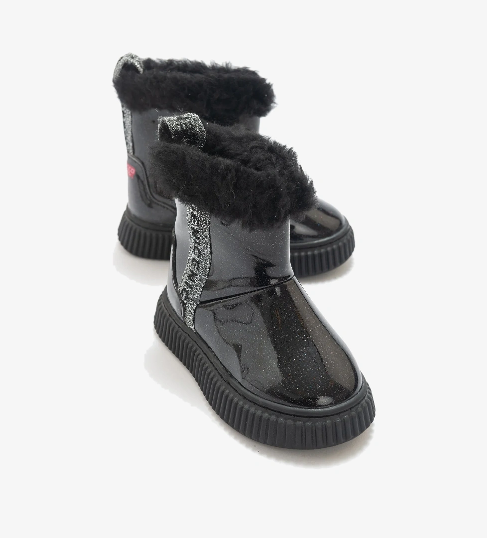 Kız Çocuk Siyah Simli Suni Deri Kürklü Anatomik Kar Botu