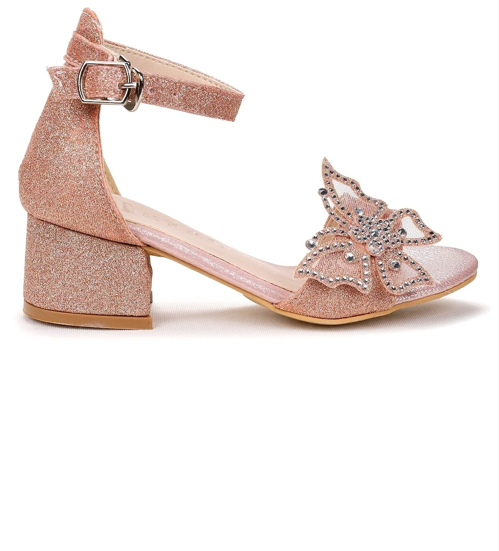 Zete Kum Simli Kız Çocuk 4 Cm Topuklu Sandalet Abiye Ayakkabı Bakır