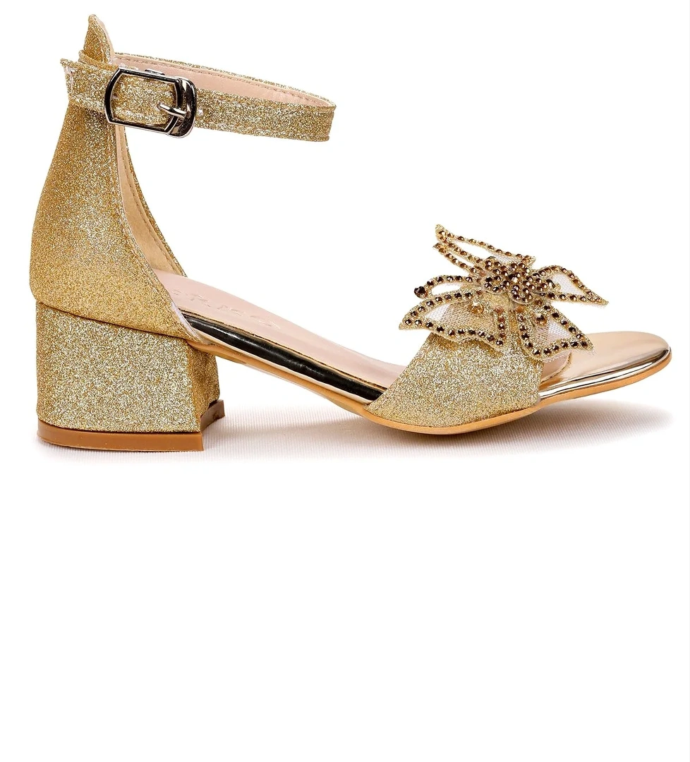 Zete Kum Simli Kız Çocuk 4 Cm Topuklu Sandalet Abiye Ayakkabı Altın