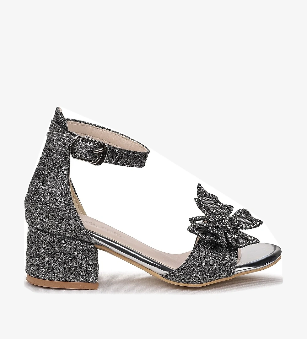 Zete Kum Simli Kız Çocuk 4 Cm Topuklu Sandalet Abiye Ayakkabı Platin