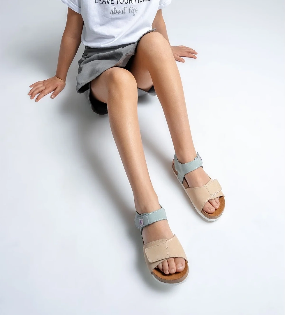 Unisex Çocuk Sarı-Su Yeşili Hakiki Deri Mantar Tabanlı Günlük Çocuk Sandalet