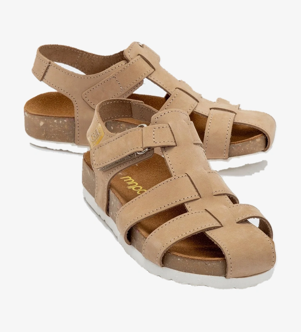 Unisex Çocuk Bej Hakiki Deri Mantar Tabanlı Günlük Çocuk Sandalet