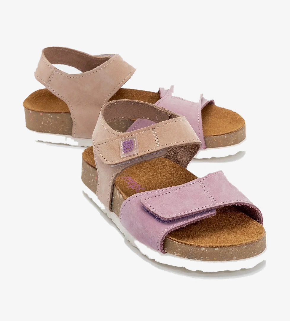 Unisex Çocuk Lila-Pembe Hakiki Deri Mantar Tabanlı Günlük Çocuk Sandalet