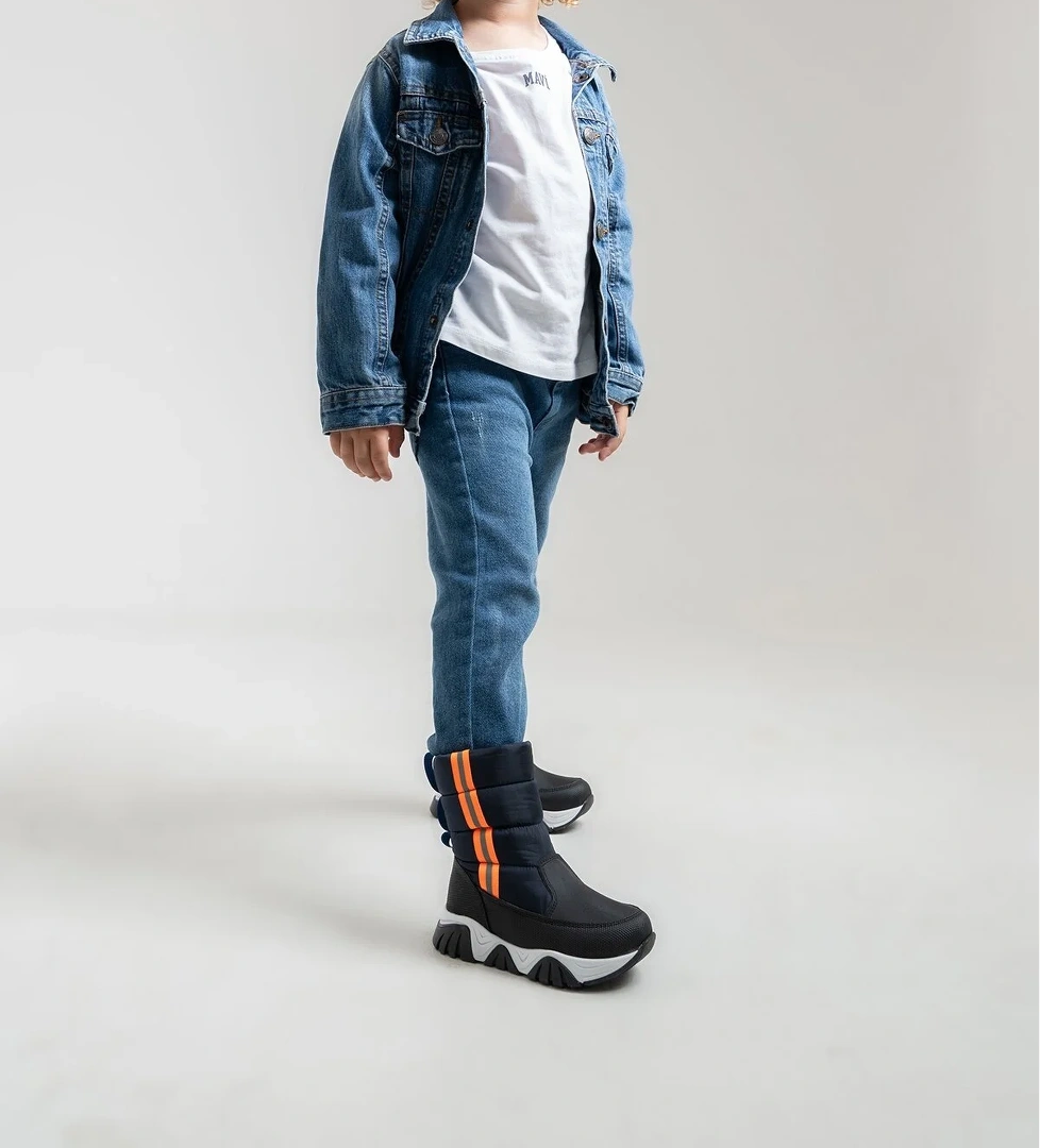 Erkek Çocuk Lacivert Suni Deri Suya Dayanıklı Kürklü Kar Botu