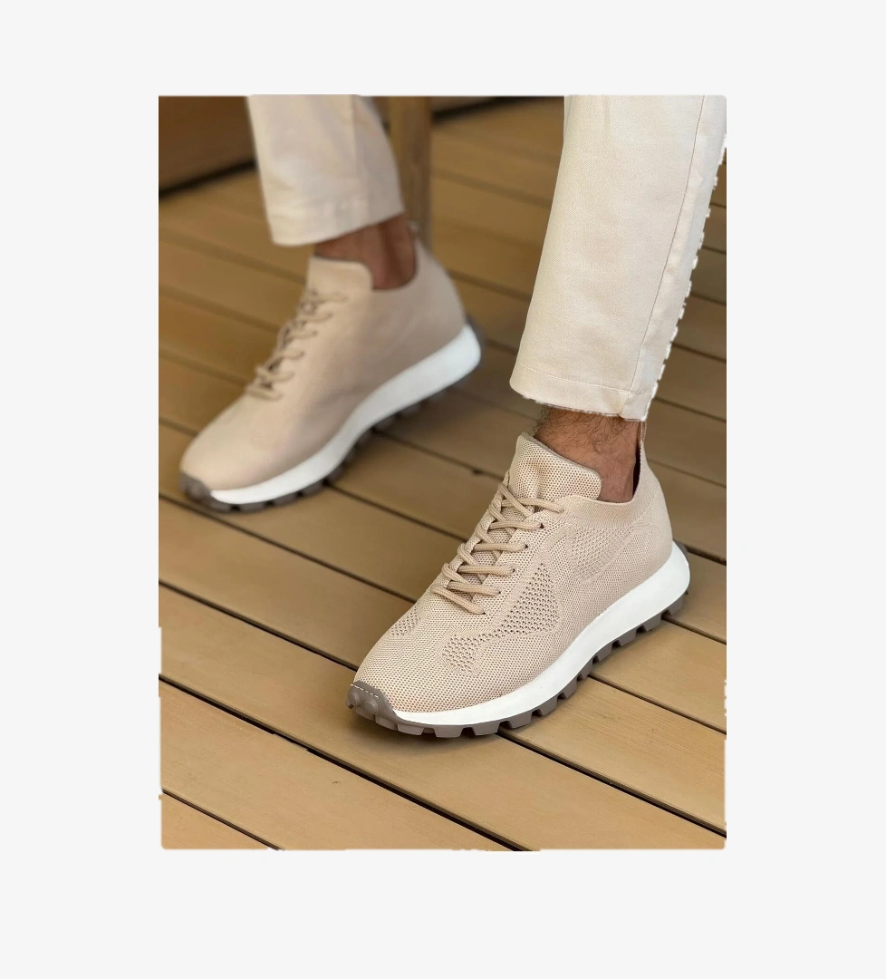 Pabucmarketi Bağcıklı Triko Erkek Sneaker Ayakkabı Bej model görseli