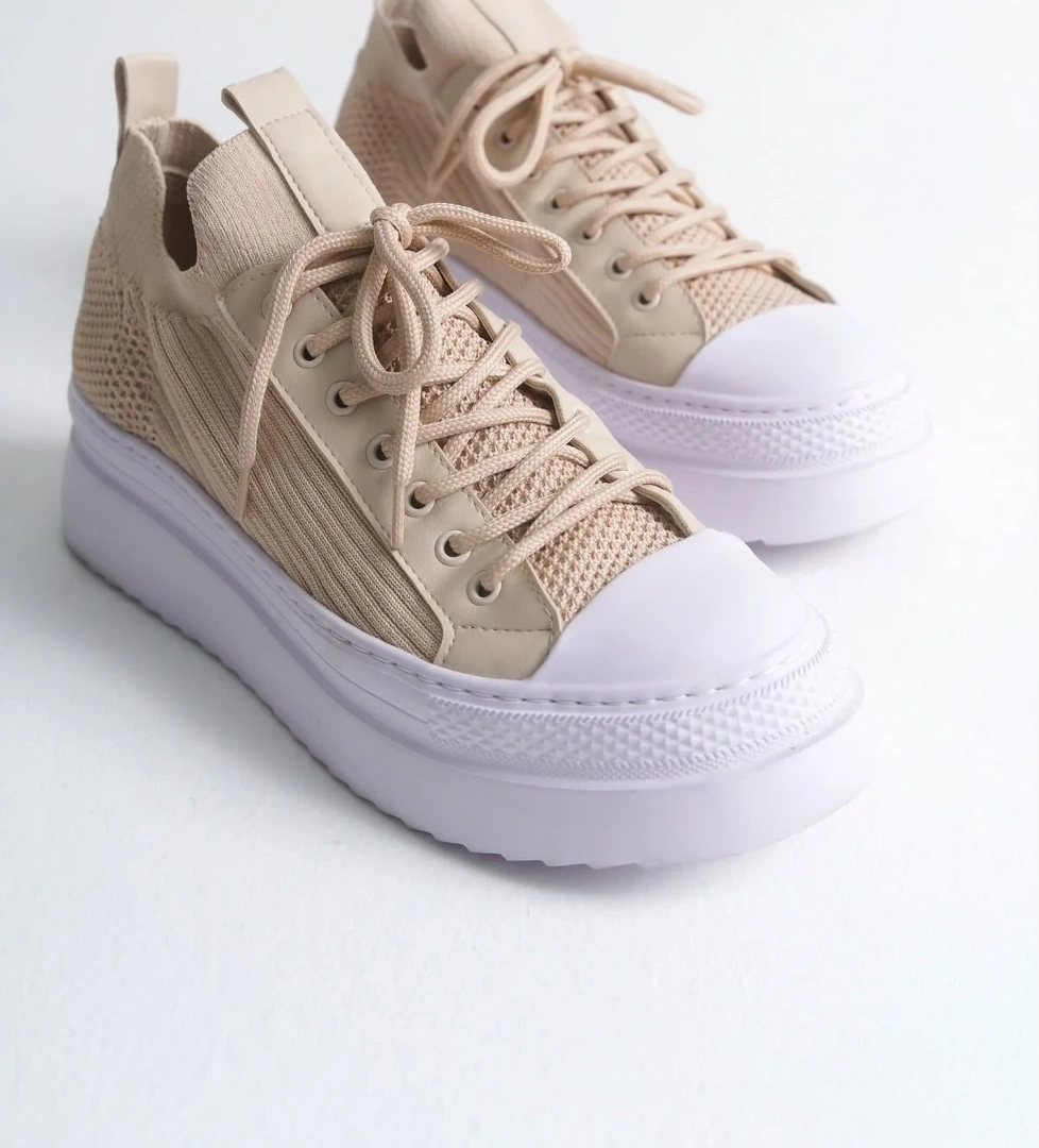 Bağcıklı Triko Erkek Casual Ayakkabı Bej - Görsel 1