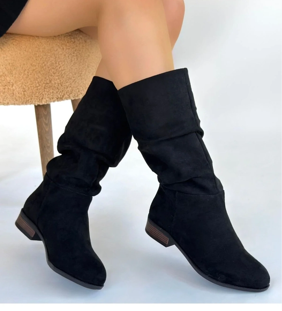 Siyah Süet Körüklü Kadın Topuklu Çizme