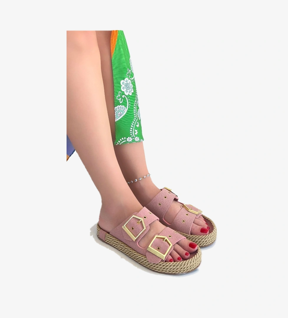 Pudra Nubuk Çift Tokalı Kadın Düz Terlik - Görsel 1