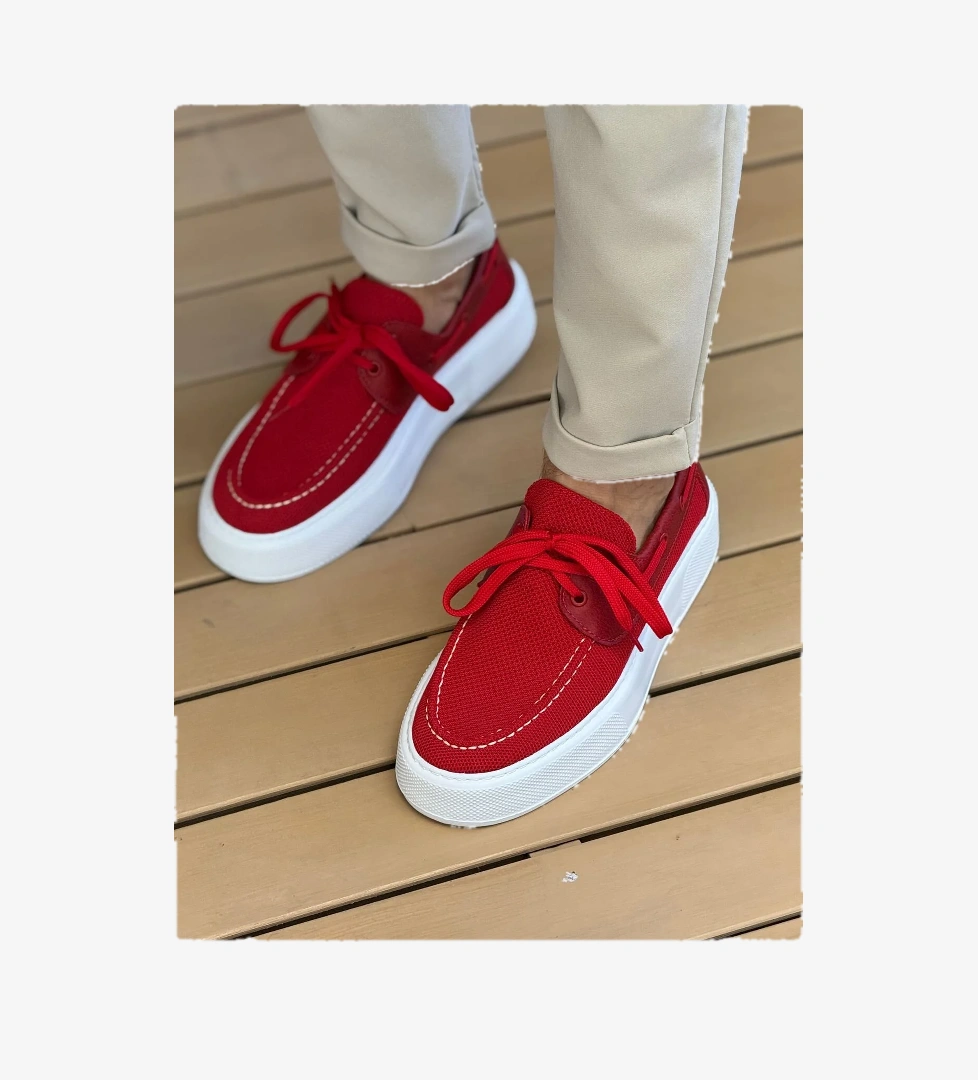 Pabucmarketi Bağcıklı Triko Erkek Casual Ayakkabı Kırmızı model görseli