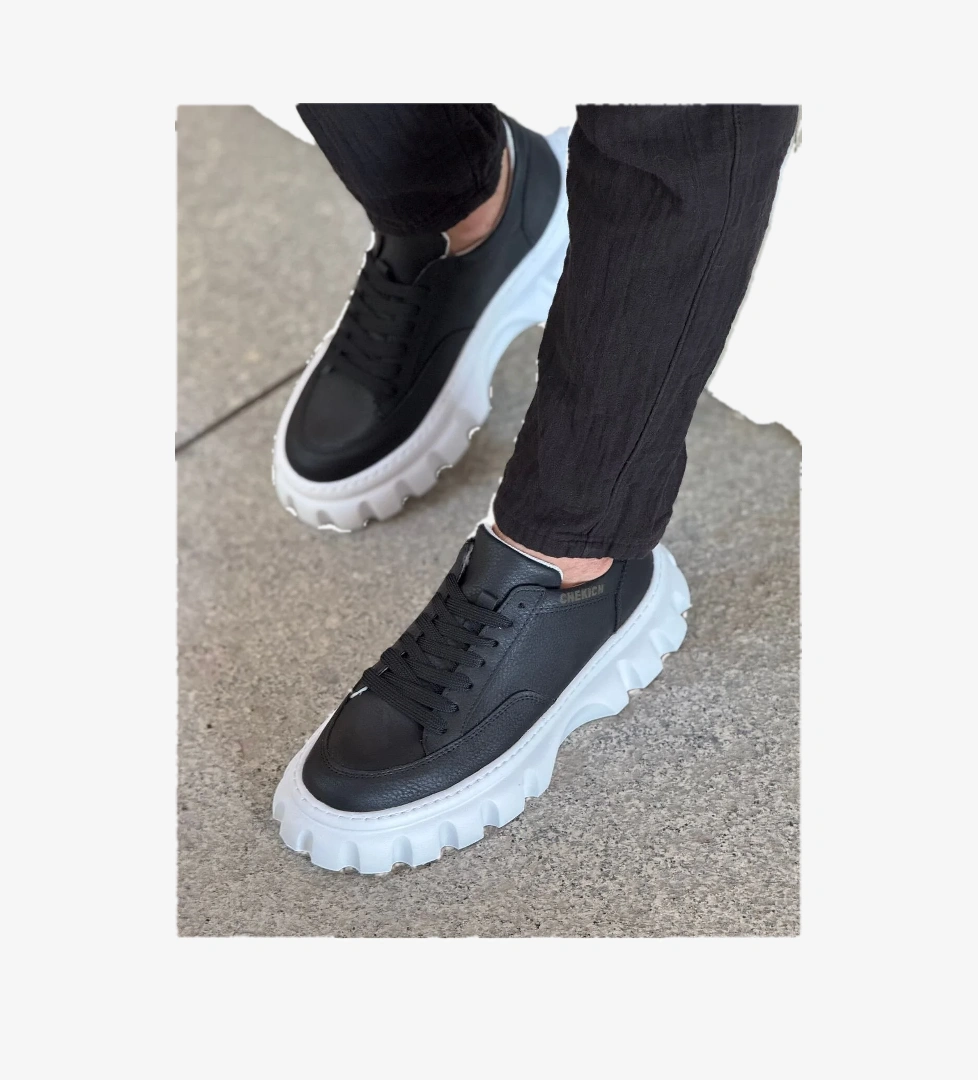 Pabucmarketi Bağcıklı Erkek Casual Ayakkabı Siyah (Beyaz Taban) model görseli