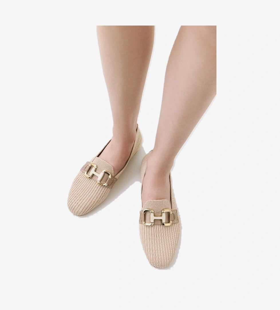 Kadın Bej Örgü Detaylı Tokalı Günlük Loafer