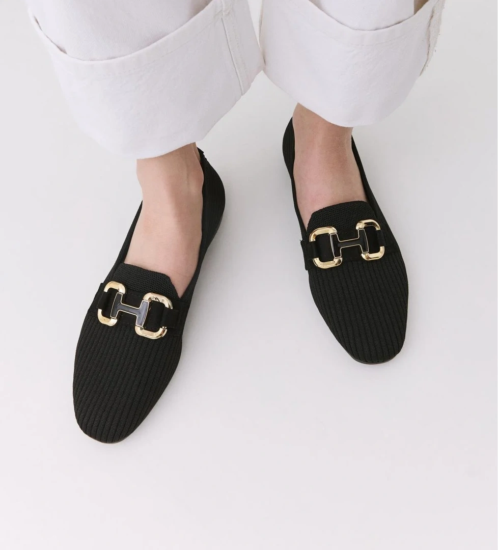 Kadın Siyah Örgü Detaylı Tokalı Günlük Loafer