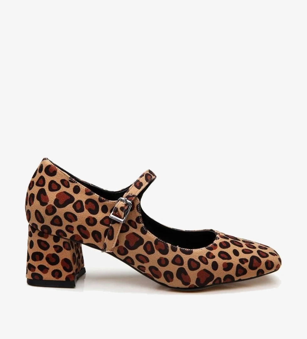 Mary Jane Leopar Desenli Kadın Kalın Topuklu Ayakkabı