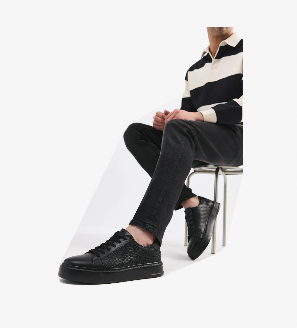 Erkek Deri Siyah Hafif Tabanlı Spor Ayakkabı - Görsel 1