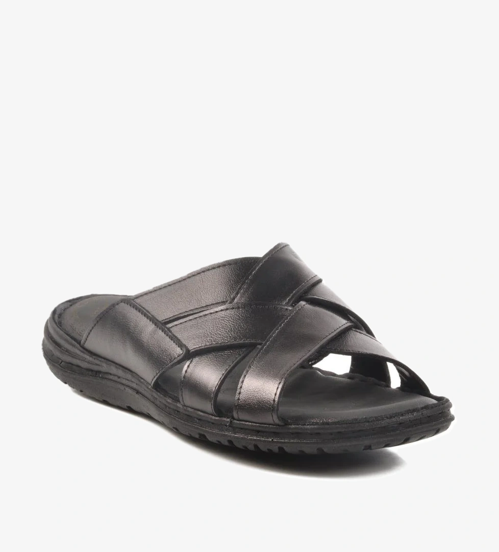 476449 M Siyah Hakiki Deri Erkek Sandalet Punto - Görsel 1