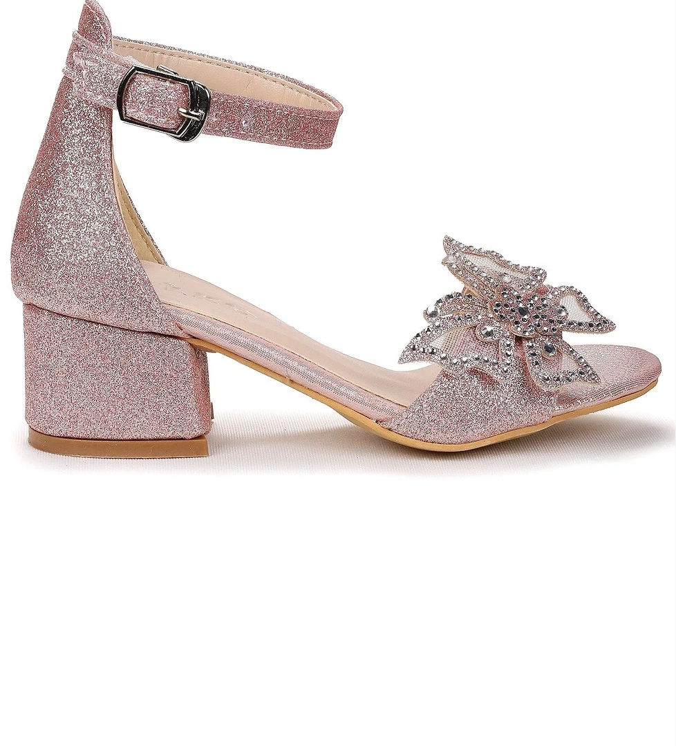 Zete Kum Simli Kız Çocuk 4 Cm Topuklu Sandalet Abiye Ayakkabı Pudra - Görsel 1