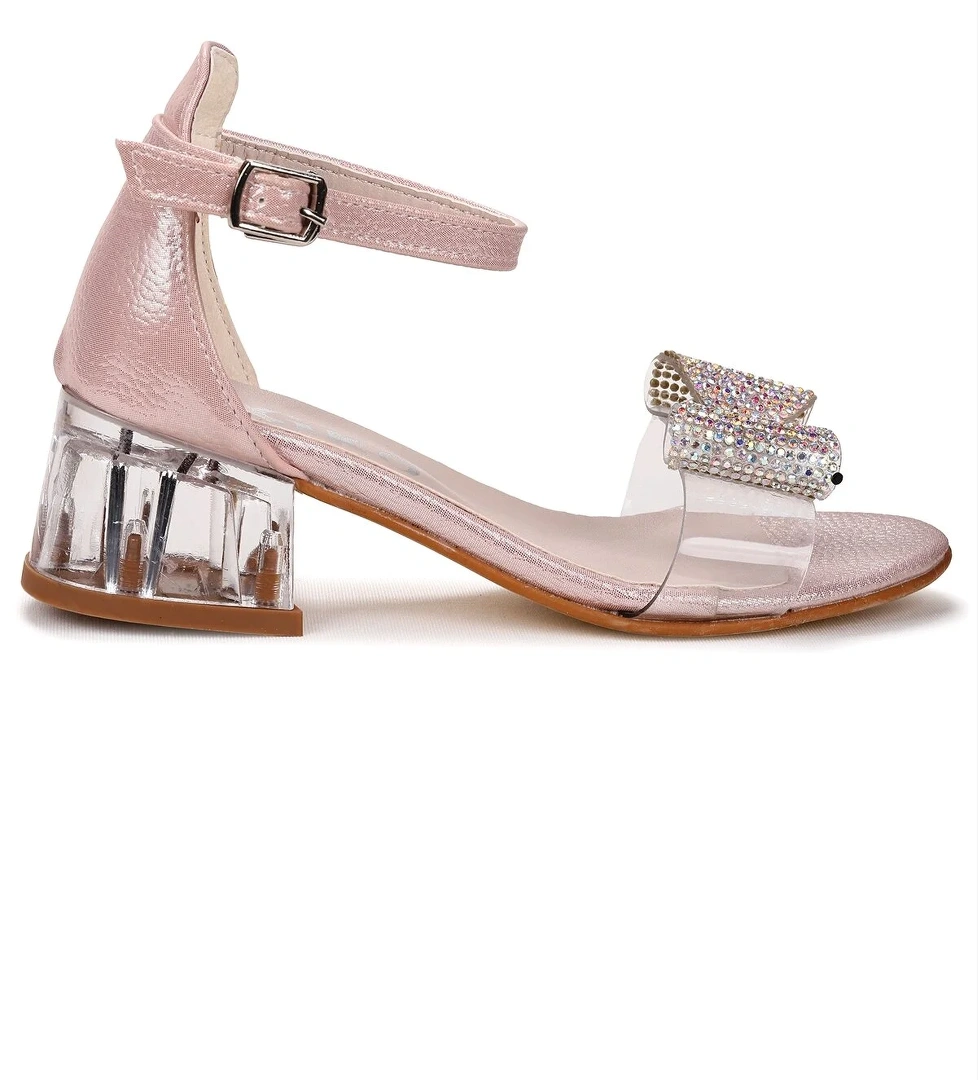 Tire Vakko Kız Çocuk 4 Cm Şeffaf Topuklu Sandalet Abiye Ayakkabı Pudra