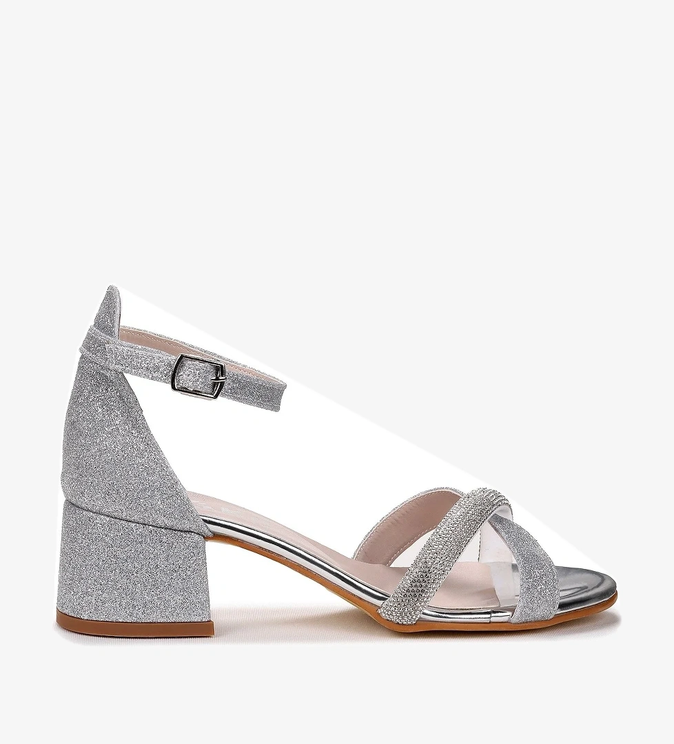 Tanda Kum Simli Kız Çocuk 4 Cm Topuklu Sandalet Abiye Ayakkabı Gümüş - Görsel 1