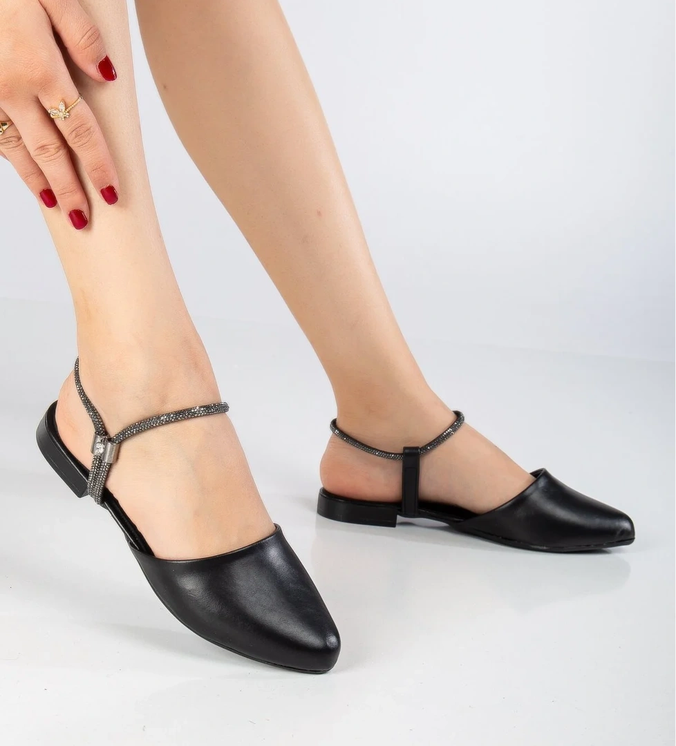 Kadın Siyah Taş Halat Detaylı Babet