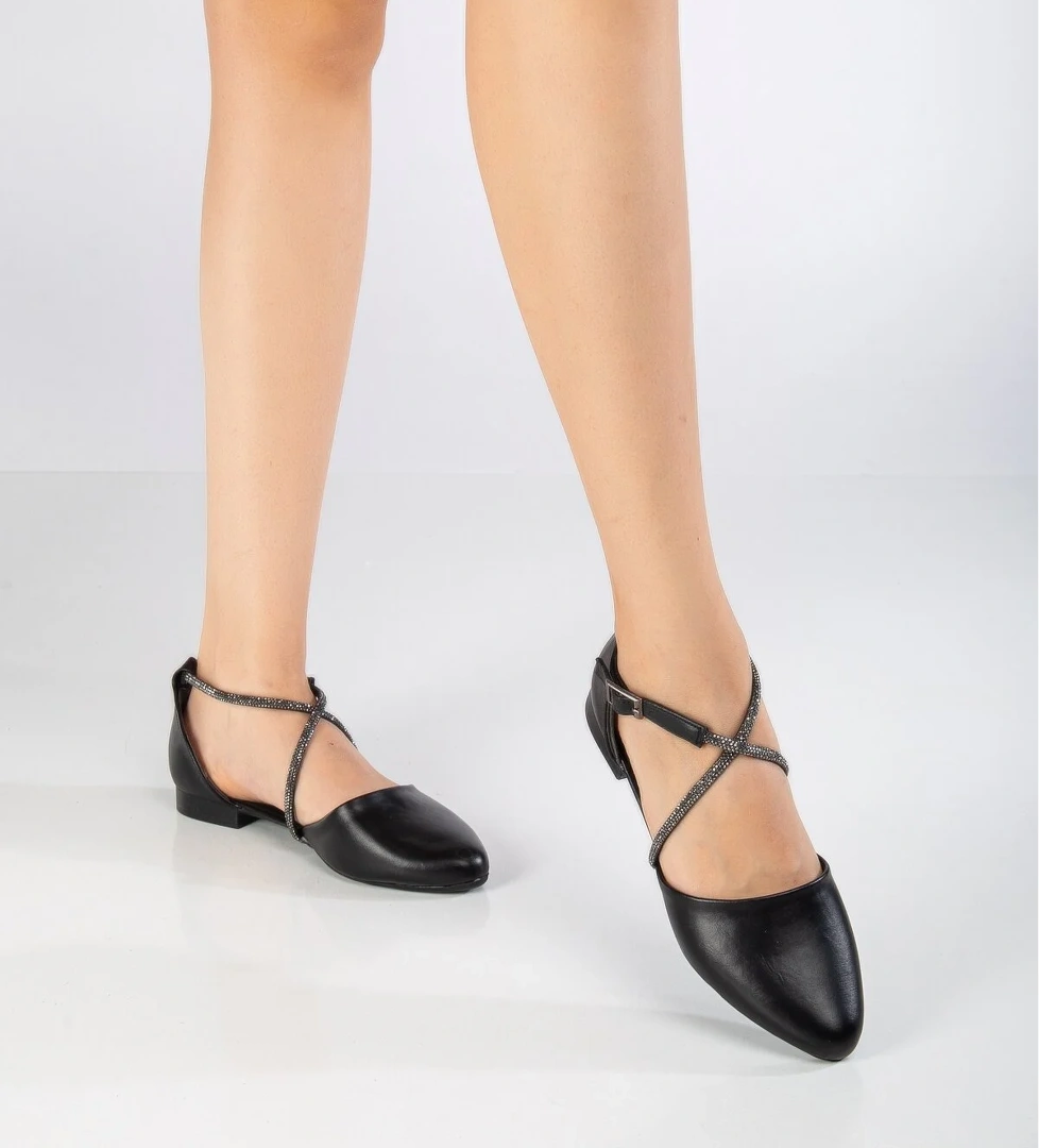 Kadın Siyah Çapraz Taş Halat Detaylı Bilekten Bağlamalı Babet