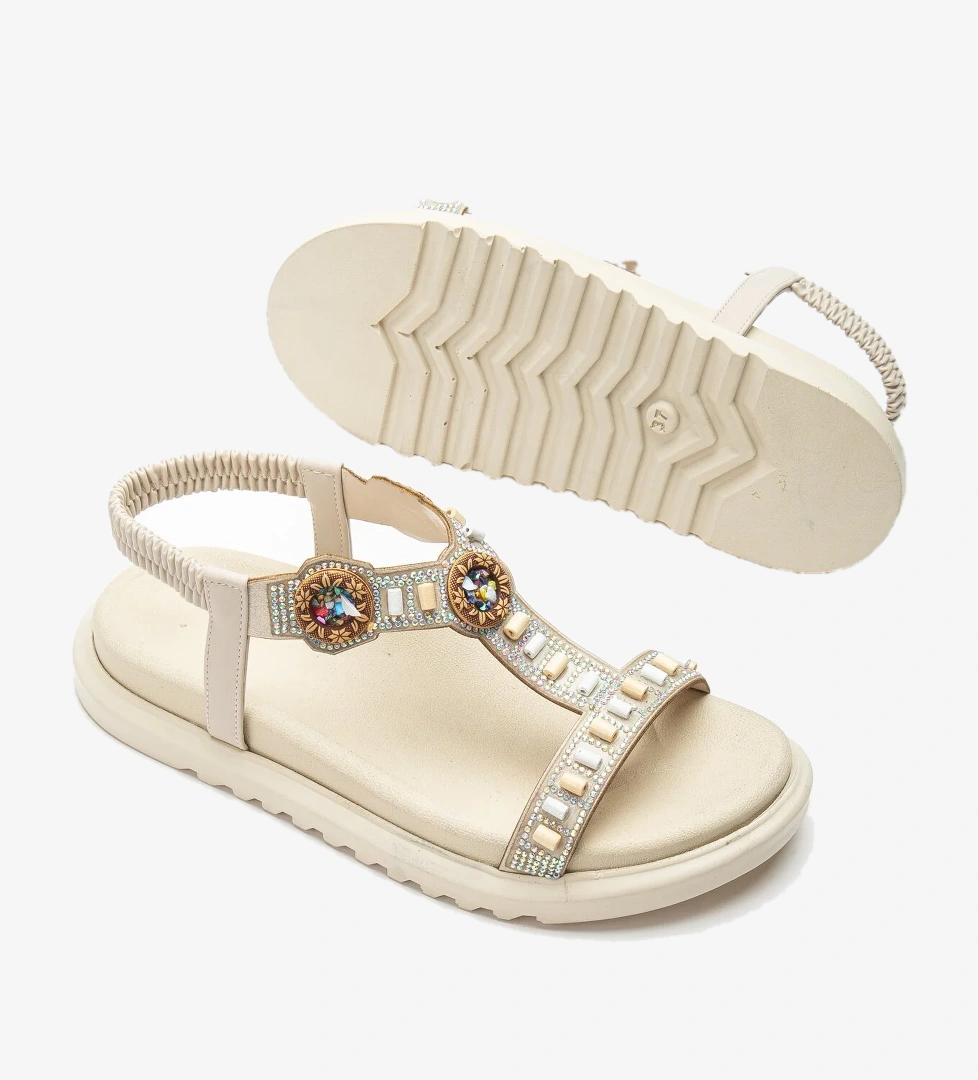 Kadın Bej Arkası Lastikli Taş İşlemeli Sandalet