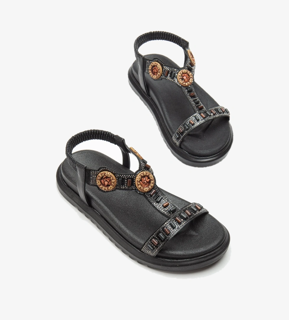 Kadın Siyah Arkası Lastikli Taş İşlemeli Sandalet - Görsel 1