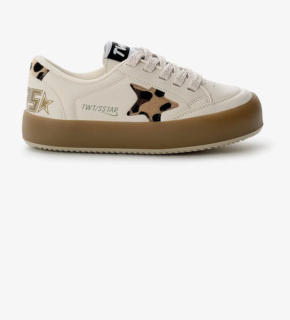 Çocuk Unisex Bej Leopar Termo Taban Yıldız Detaylı Bağcıklı ve Cırtlı Spor Ayakkabı