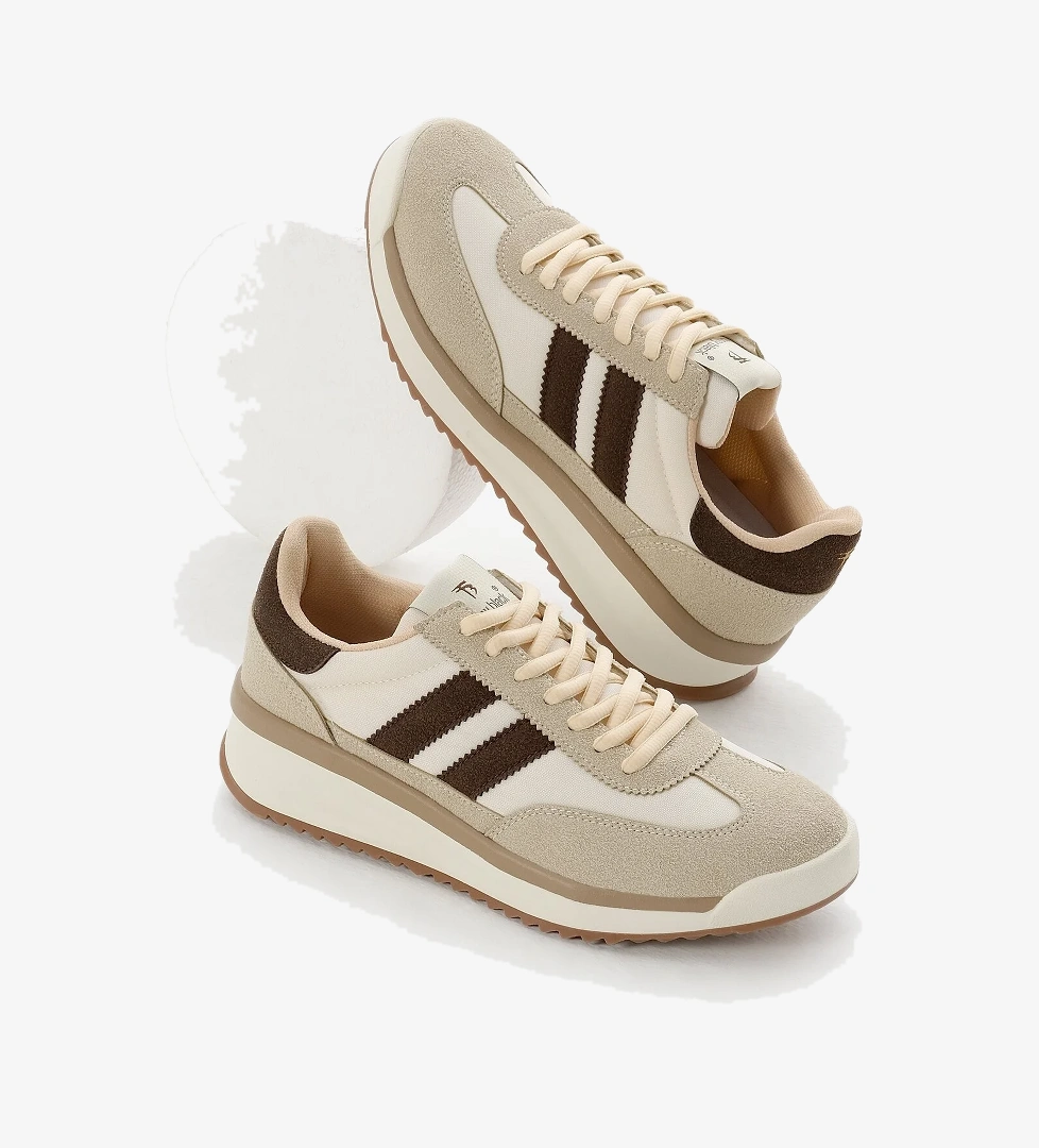 Unisex Bej Toprak Termo Taban Çift Şeritli Bağcıklı Spor Ayakkabı