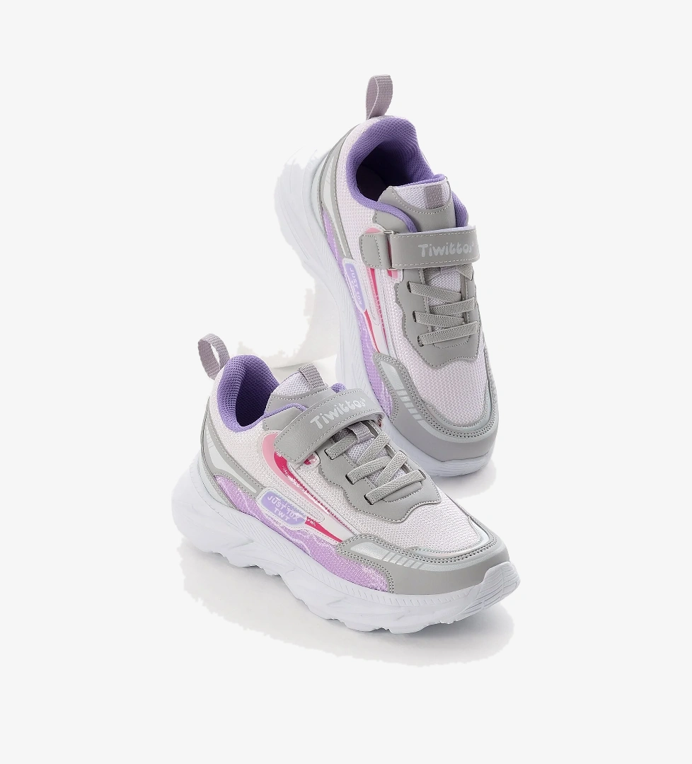 Çocuk Unisex Gri Lila EVA Faylon Taban Desenli Cırtlı Lastik Bağcıklı Spor Ayakkabı
