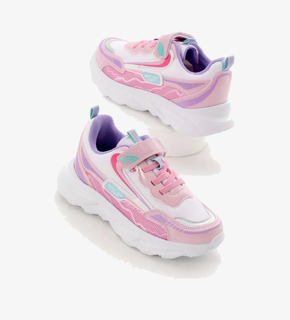 Çocuk Unisex Pembe Beyaz EVA Faylon Taban Desenli Cırtlı Lastik Bağcıklı Spor Ayakkabı