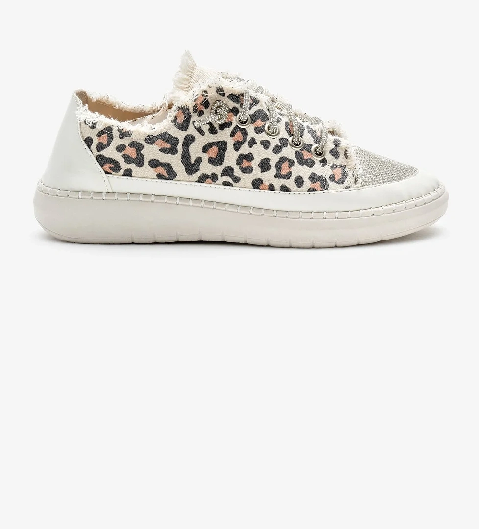 Kadın Leopar Poli Taban Denim Kumaş Taşlı Bağcıklı Spor Ayakkabı - Görsel 1