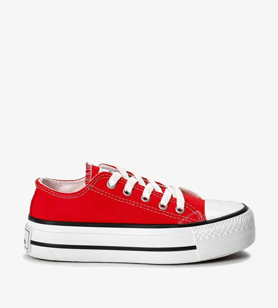 Çocuk Unisex Kırmızı Termo Kalın Taban Bağcıklı Keten Spor Ayakkabı