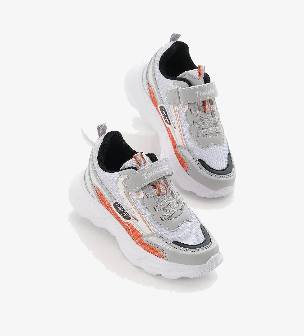 Çocuk Unisex Gri Oranj EVA Faylon Taban Desenli Cırtlı Lastik Bağcıklı Spor Ayakkabı
