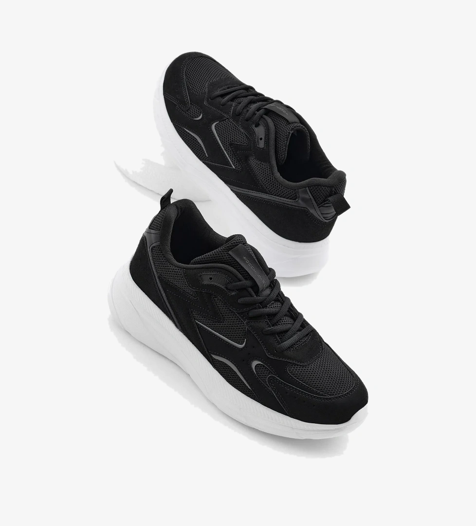 Erkek Siyah Beyaz Faylon Taban Nefes Alabilen Kumaş Reflektörlü Dalgalı Desenli Spor Ayakkabı