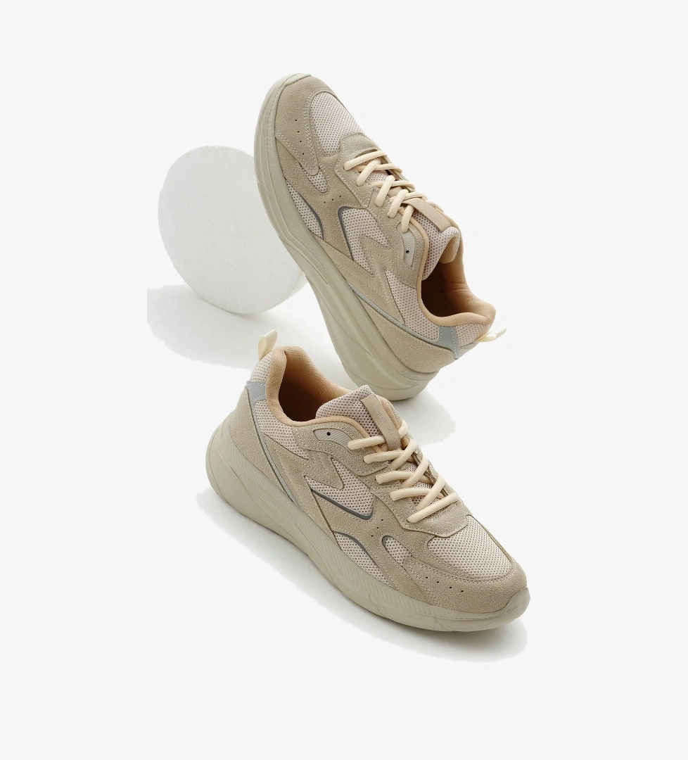 Erkek Bej Faylon Taban Nefes Alabilen Kumaş Reflektörlü Dalgalı Desenli Spor Ayakkabı