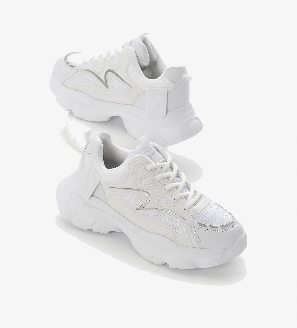 Kadın Beyaz Yüksek EVA Faylon Taban Nefes Alabilen Kumaş Desenli Bağcıklı Spor Ayakkabı