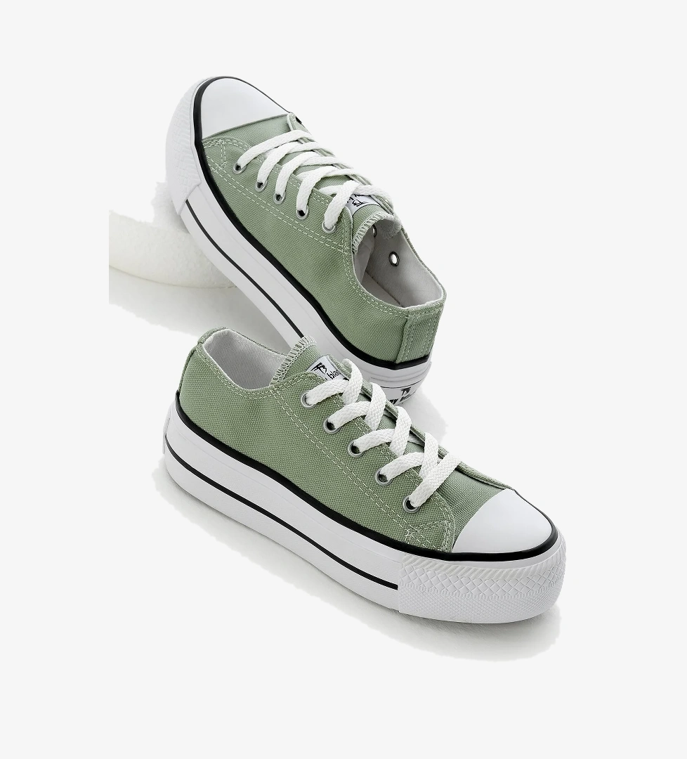 Çocuk Unisex Mint Yeşili Termo Kalın Taban Bağcıklı Keten Spor Ayakkabı