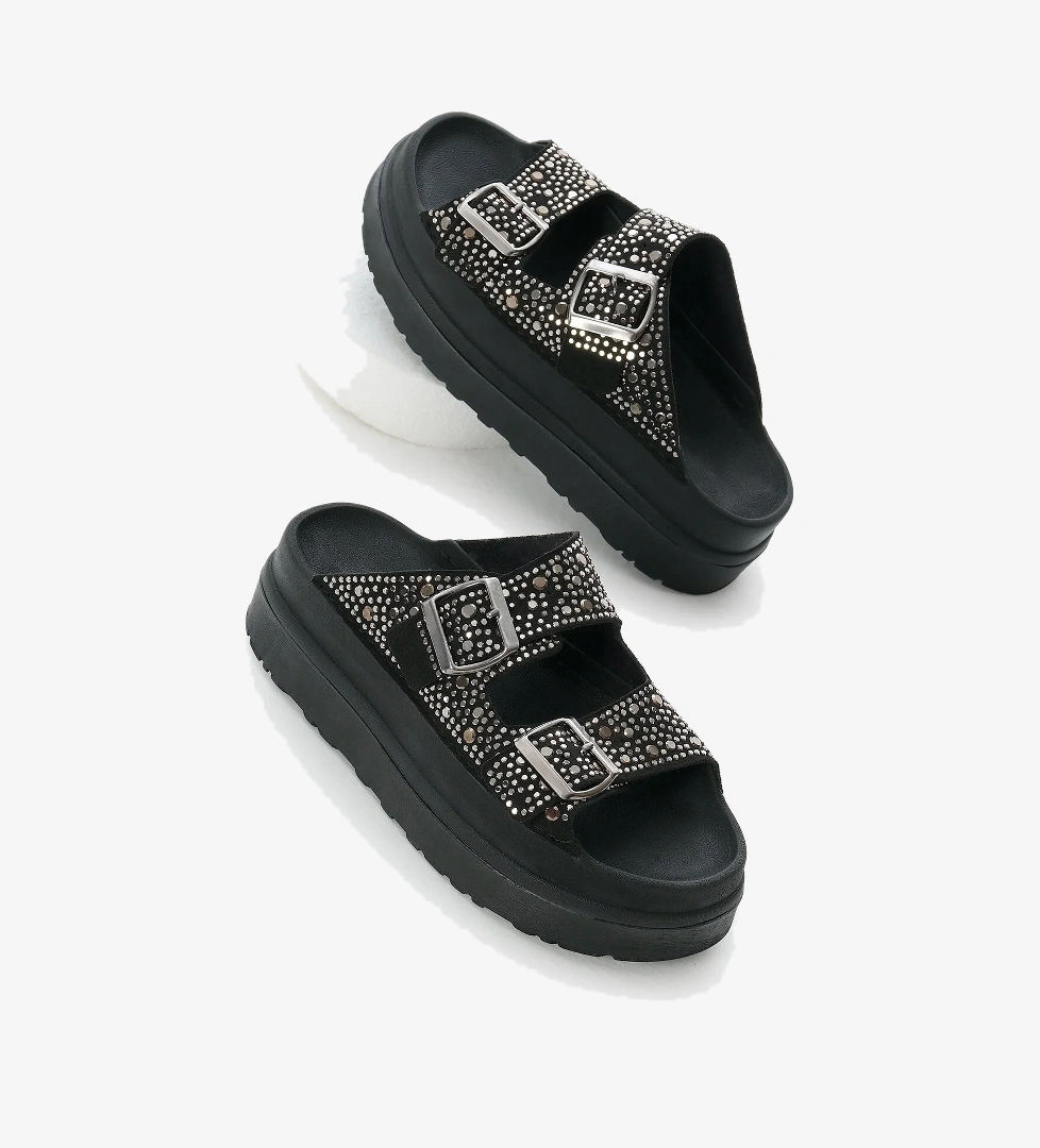 Kadın Siyah Gümüş Yüksek Poli Taban Taşlı Çift Bantlı Tokalı Terlik