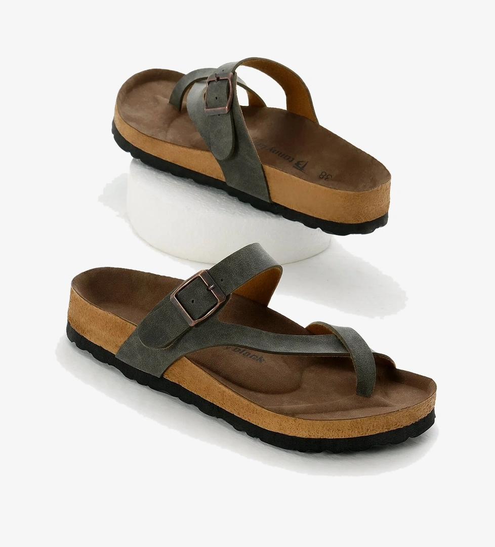 Kadın Haki Rahat Kalıp Poli Taban Çapraz Model Nubuk Parmak Arası Terlik