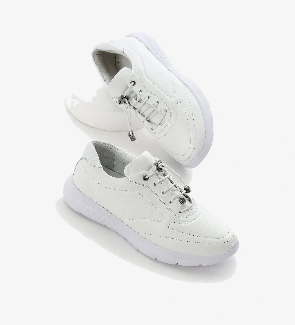 Kadın Beyaz Poli Taban Lastik Bağcıklı İçi Dışı Hakiki Deri Günlük Ayakkabı - Görsel 1