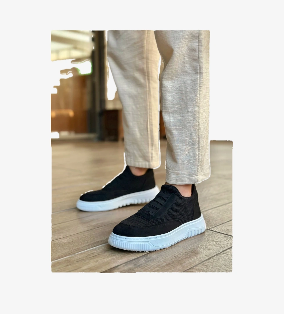 Pabucmarketi Bağcıksız Lastik Detaylı Triko Erkek Hi Sneaker SİYAH (BEYAZ TABAN) model görseli