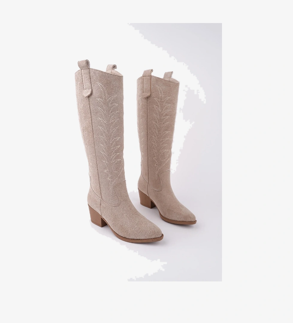 TEXAS Sivri Burun Nakışlı Kalın Topuklu Kadın Kovboy Western Çizme