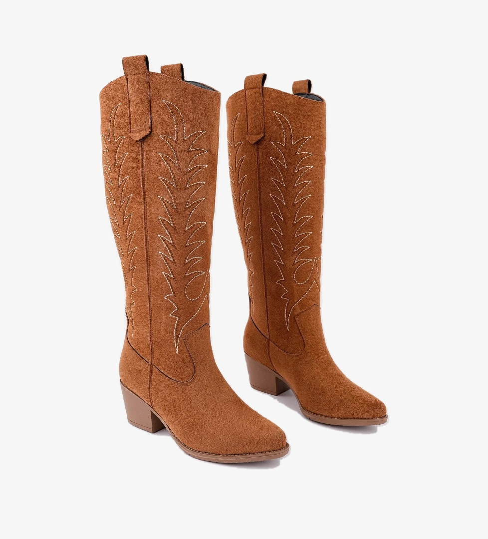 TEXAS Sivri Burun Nakışlı Kalın Topuklu Kadın Kovboy Western Çizme