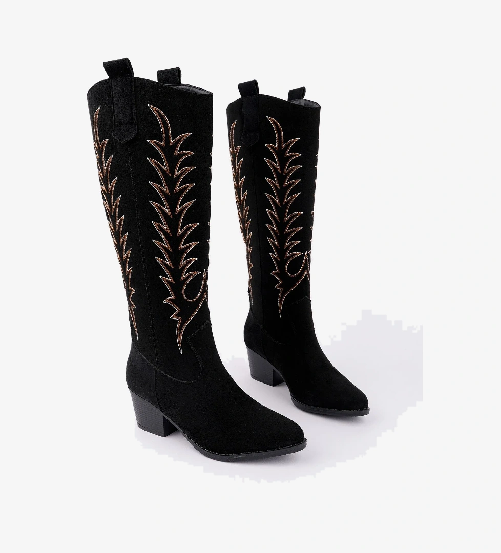 TEXAS Sivri Burun Nakışlı Kalın Topuklu Kadın Kovboy Western Çizme